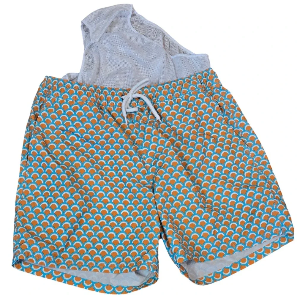 J Crew Flex Swim Trunks Men's M Blue Orange Geometric Print Mesh Lined Shorts